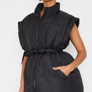 Black Nylon Padded Panel Belted Oversized Vest