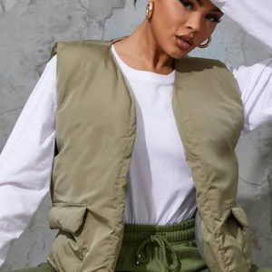 Pale Khaki Padded Pocket Front Gilet